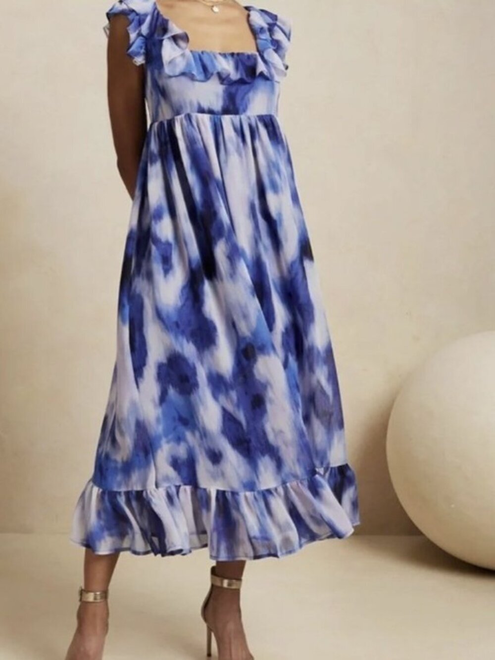 Banana Republic Watercolor Tie Dye Ruffle Empire Waist Maxi Dress New M Blue